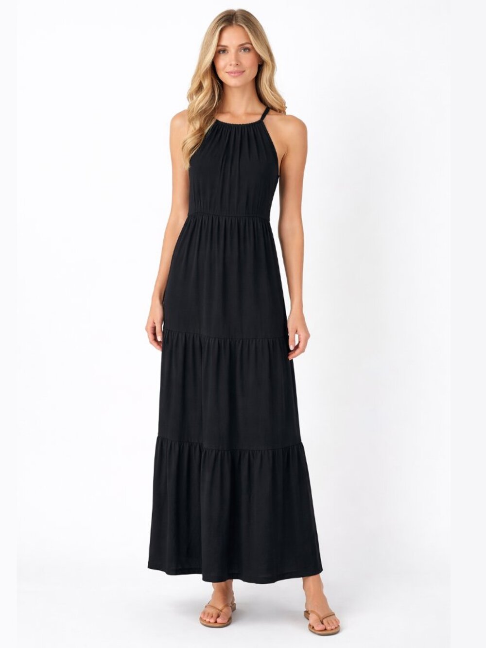2/$30 Kaileigh Halter Maxi Tiered Sundress Sleeveless Black Large #A1871